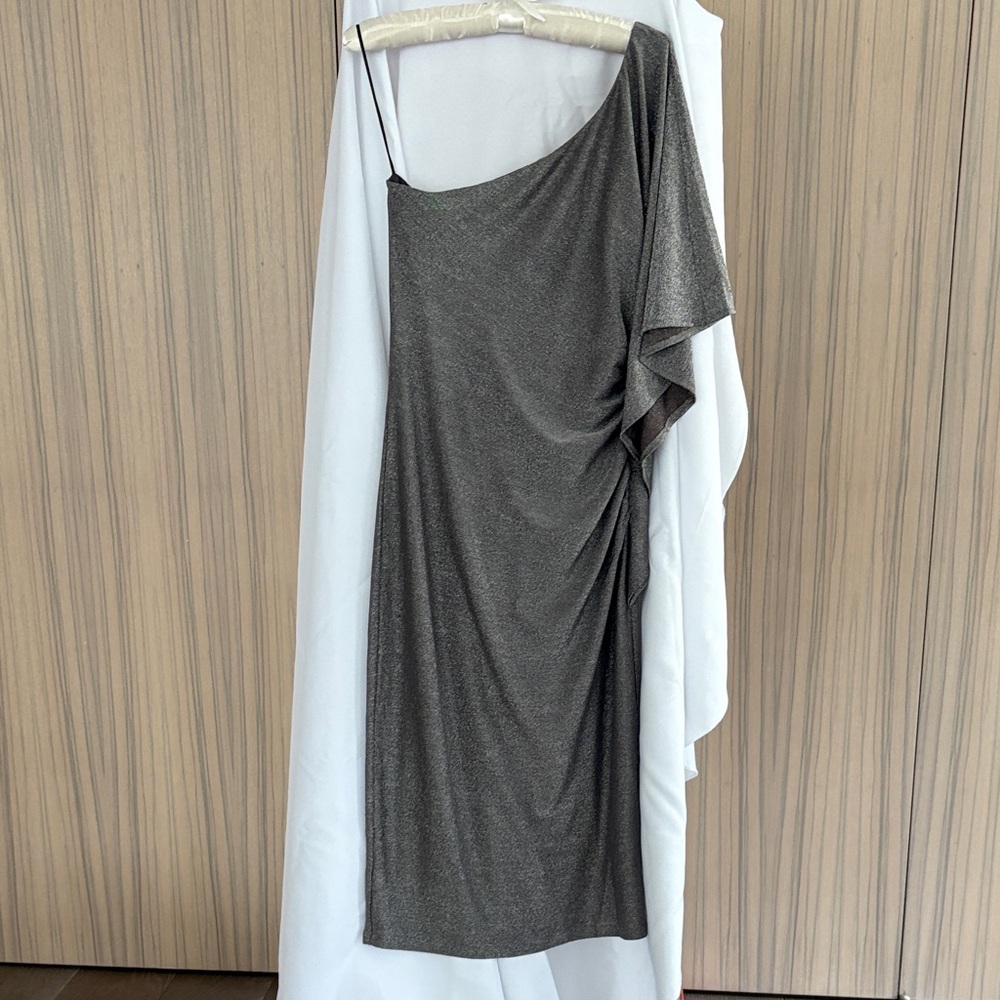 Sparkle and Shine with this NWT Trina Turk Elegant  Gray Lurex 1-Shoulder Dress